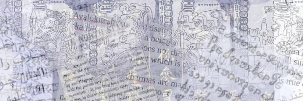 Collage of ancient texts from various cultures and religions in numerous languages.